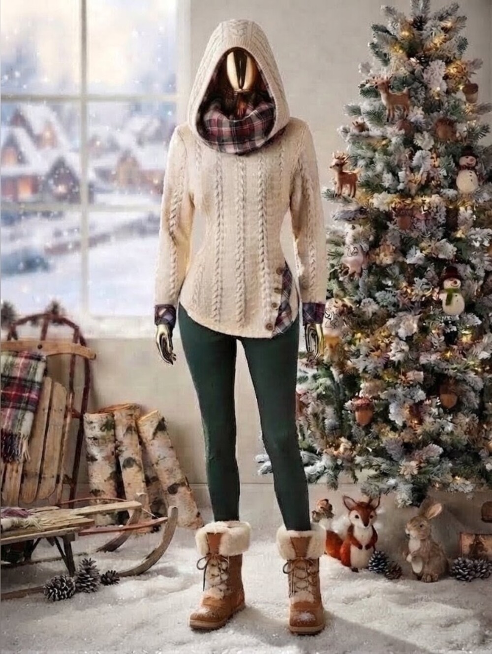 Cream Cable-Knit Cowl Sweater with Plaid Trim And Hood